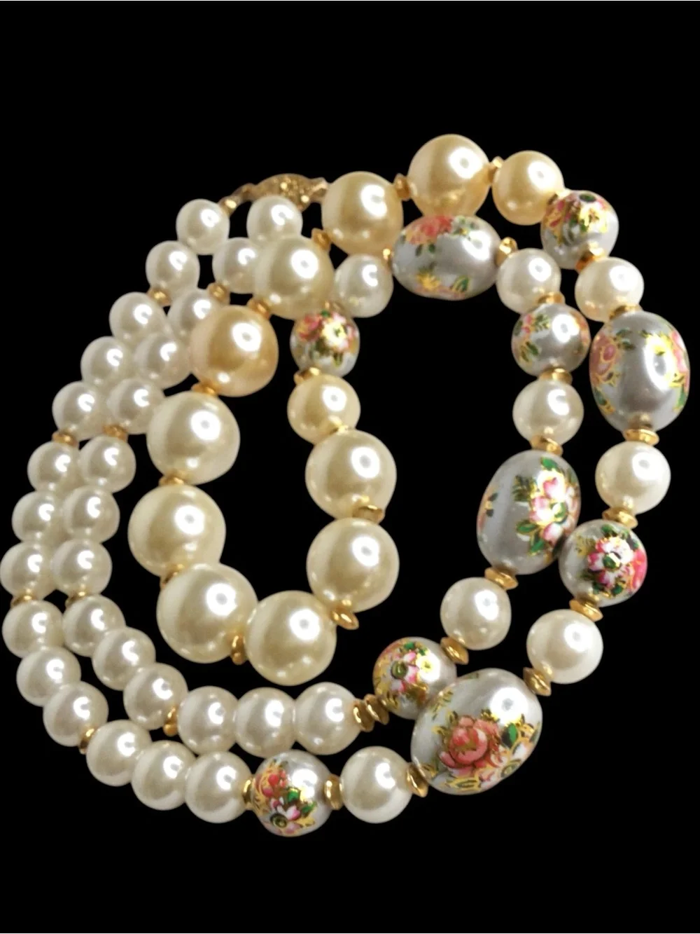 Vtg Graduated Faux‑Pearl Necklace w/ Gray Lacquered Tensha‑Style Floral Beads - Picture 7 of 15